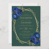 Invitation Mariage Code QR Floral Royal Bleu Vert Emeraude (Devant)