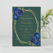 Invitation Mariage Code QR Floral Royal Bleu Vert Emeraude (Debout devant)
