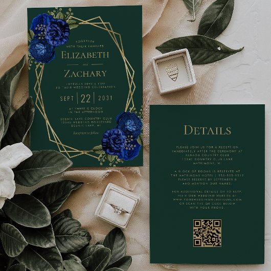 Invitation Mariage Code QR Floral Royal Bleu Vert Emeraude