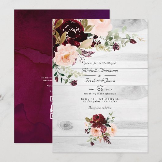 Invitation Mariage Code QR Floral Rustique Bourgogne et Rose (Devant / Derrière)