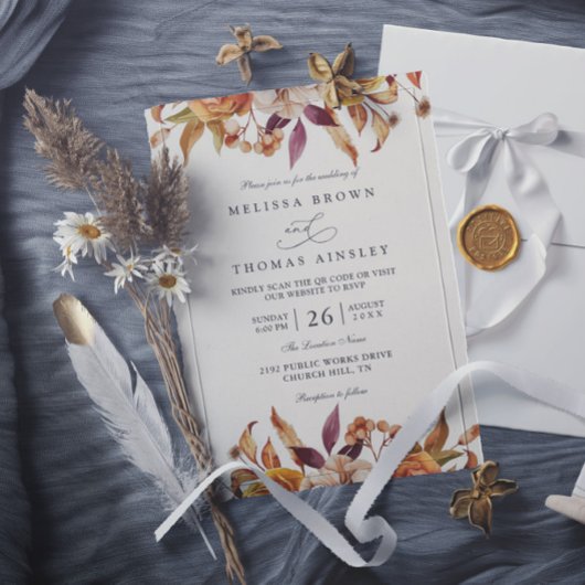 Invitation Mariage Code QR Floral Rustique Brun Orange Or