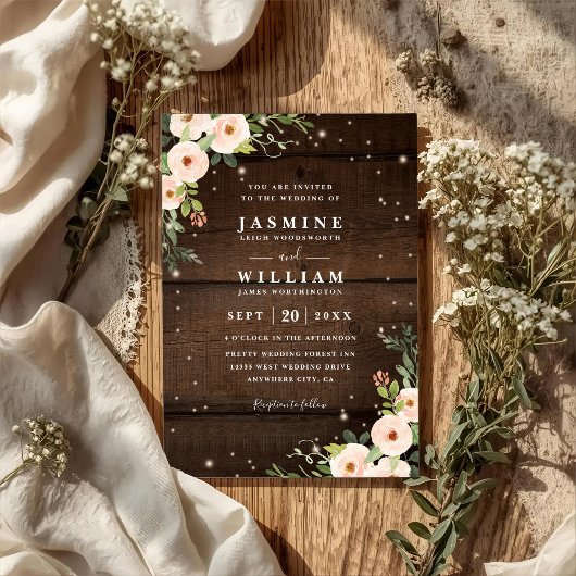 Invitation Mariage Code QR Floral Rustique Étincelant de Camp
