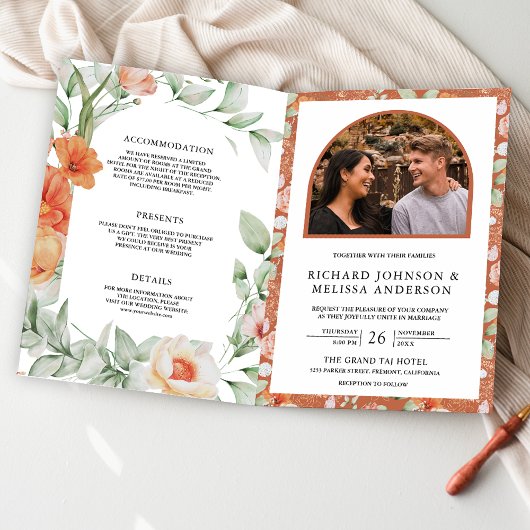 Invitation Mariage code QR floral rustique tout-en-un