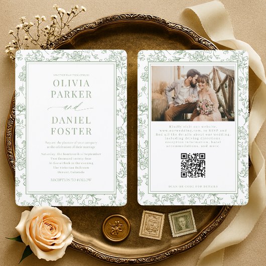 Invitation Mariage Code QR Floral Sage Vert à la Française