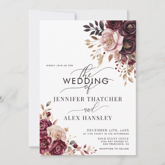 Invitation Mariage Code QR Floral Script Carmin de Bourgogne (Devant)