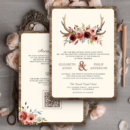 Invitation Mariage Code QR Floral Terracotta Bois de Cerf Boh