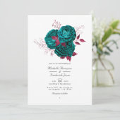 Invitation Mariage code QR floral turquoise et burgundy (Debout devant)