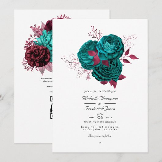 Invitation Mariage code QR floral turquoise et burgundy (Devant / Derrière)