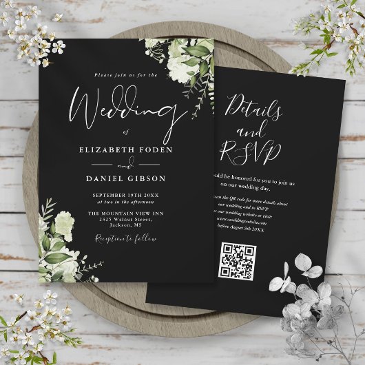 Invitation Mariage Code QR Floral Végétal Noir et Blanc