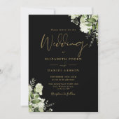 Invitation Mariage Code QR Floral Végétal Noir et Or (Devant)