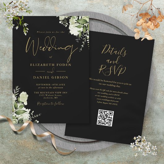Invitation Mariage Code QR Floral Végétal Noir et Or
