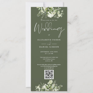 Invitation Mariage Code QR Floral Végétal Vert Olive