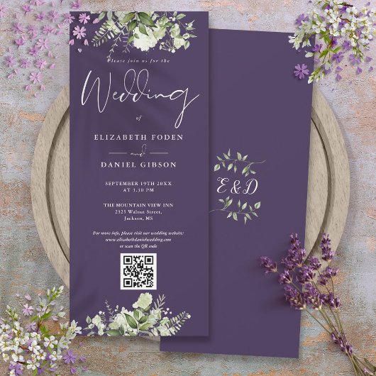 Invitation Mariage Code QR Floral Vert Pourpre