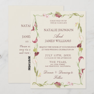 Invitation Mariage Code QR Floral Vintage Art Nouveau Élégant