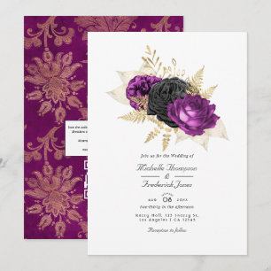 Invitation Mariage Code QR Floral Vintage Noir et Violet