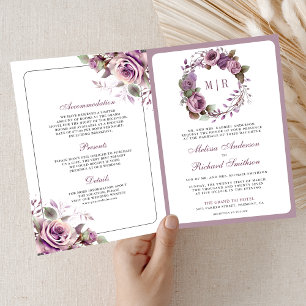 Invitation Mariage Code QR Floral Violet Poussiéreux Rustique