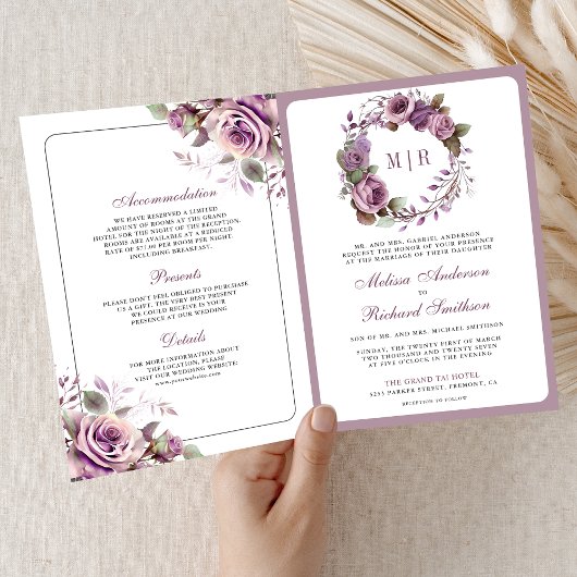 Invitation Mariage Code QR Floral Violet Poussiéreux Rustique
