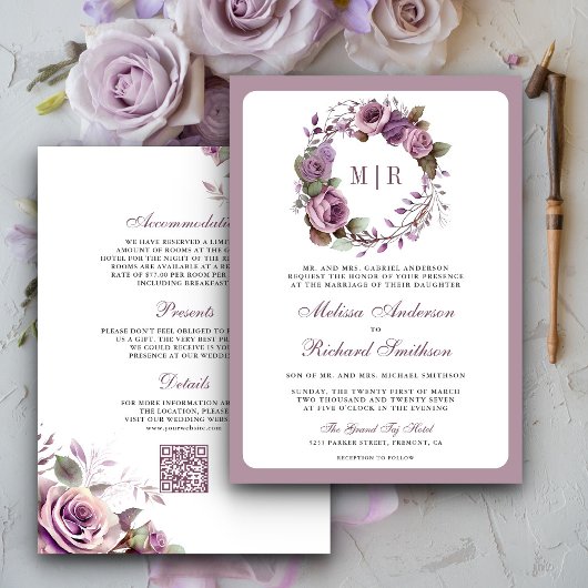 Invitation Mariage Code QR Floral Violet Poussiéreux Rustique