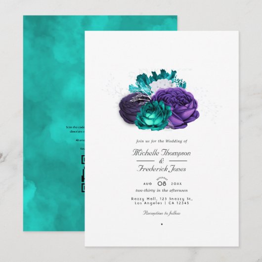 Invitation Mariage Code QR Floral Violet Rustique et Turquois (Devant / Derrière)