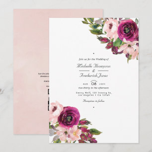 Invitation Mariage Code QR Floral Watercolor Marsala & Blush