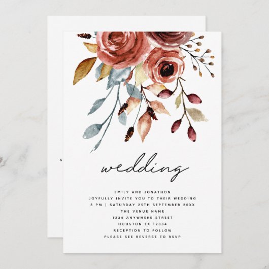 Invitation Mariage Code QR Florales en Terracotta Rustique (Devant / Derrière)