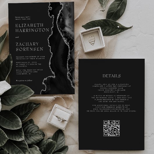 Invitation Mariage Code QR Foncé Agate Argent Noir