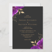 Invitation Mariage Code QR Foncé Floral Or Violet Romantique (Devant)
