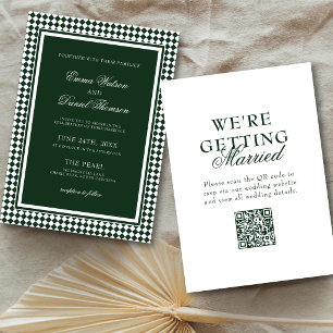 Invitation Mariage Code QR Frontière Arlequin Vert Émeraude