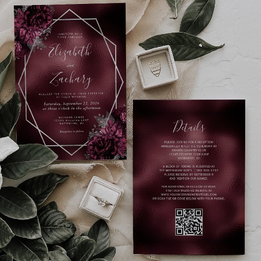 Invitation Mariage Code QR Géométrique Argent Floral Bourgogn