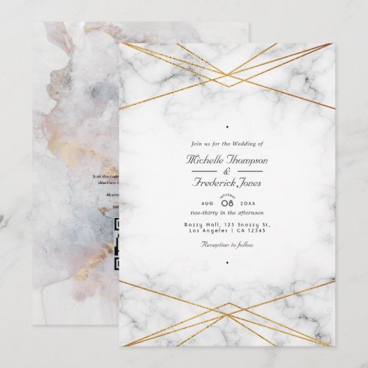 Invitation Mariage code QR géométrique en marbre doré (Devant / Derrière)