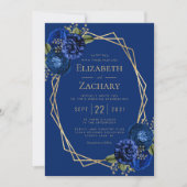 Invitation Mariage Code QR Géométrique Floral Bleu Royal Or (Devant)