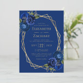 Invitation Mariage Code QR Géométrique Floral Bleu Royal Or (Debout devant)