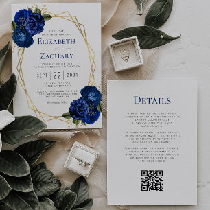 Invitation Mariage Code QR Géométrique Floral Bleu Royal Or