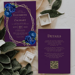 Invitation Mariage Code QR Géométrique Floral Bleu Royal Pour