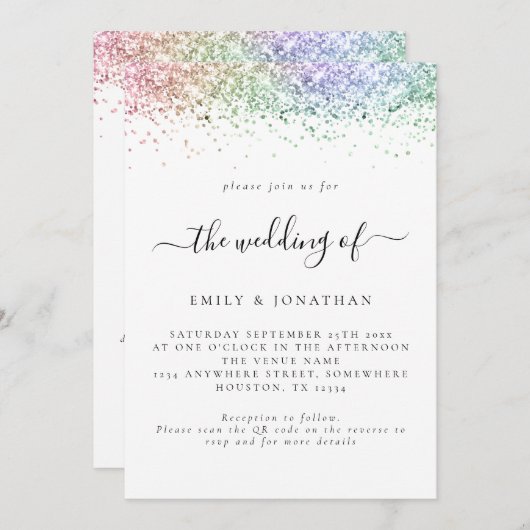 Invitation Mariage code QR Glitter Glam Rainbow (Devant / Derrière)
