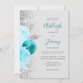Invitation Mariage Code QR Gris Argent Floral Turquoise (Devant)