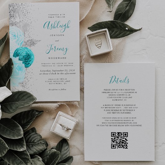 Invitation Mariage Code QR Gris Argent Floral Turquoise