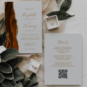 Invitation Mariage Code QR Gris Clair Agate Or Doré Brûlé