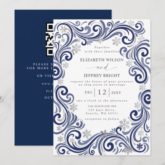 Invitation Mariage Code QR Hiver Flocons de Neige Navy Argent (Devant / Derrière)