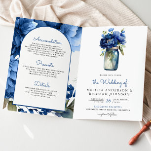 Invitation Mariage Code QR Jar Maçon Royal Fleurs Bleu Royal