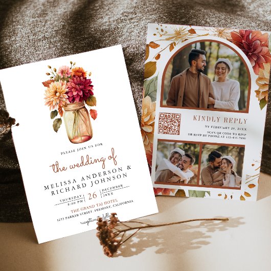 Invitation Mariage Code QR Jar Mason Floral Dahlia d'Automne
