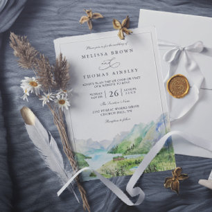 Invitation Mariage Code QR Lacs Rustiques Montagne Aquarelle