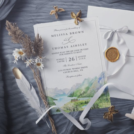Invitation Mariage Code QR Lacs Rustiques Montagne Aquarelle