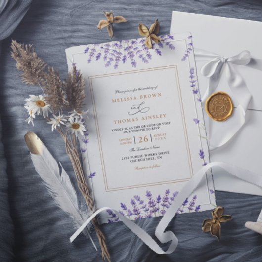 Invitation Mariage Code QR Lavande Aquarelle Classique Violet