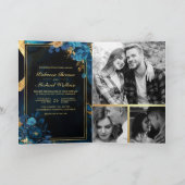 Invitation Mariage Code QR Marbre Floral Bleu Royal Or (Intérieur)