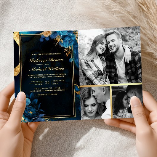 Invitation Mariage Code QR Marbre Floral Bleu Royal Or