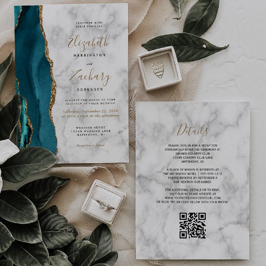Invitation Mariage Code QR Marbre Or Agate Sarcelle Moderne