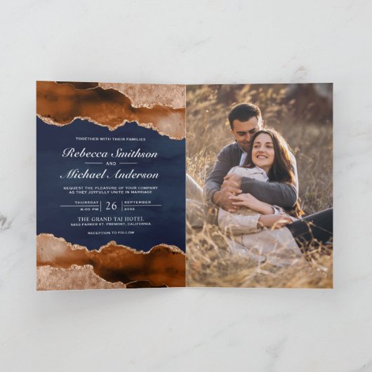 Invitation Mariage Code QR Marine Bille Marble Agate Orange B (Intérieur)
