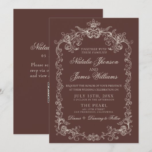 Invitation Mariage Code QR Marron Chocolat Ancien Argent (Devant / Derrière)