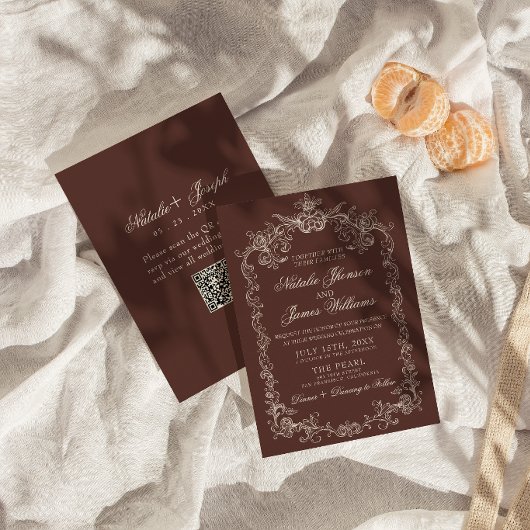 Invitation Mariage Code QR Marron Chocolat Ancien Argent